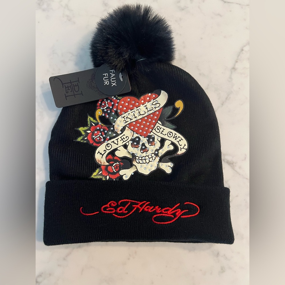 Ed Hardy Beanie Hat Set Love Kills Slowly Faux Fur Skull New